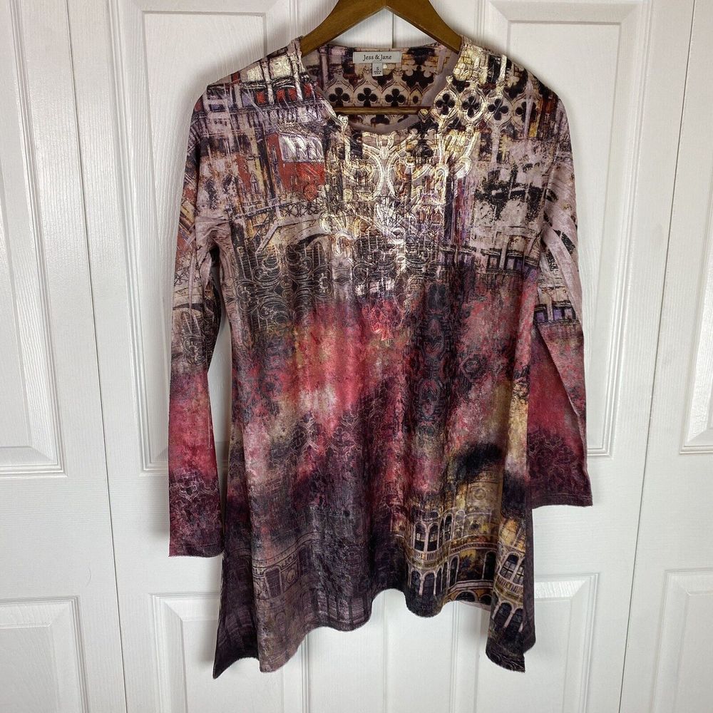 Jess & Jane S Velour Velvet Tunic Top Blouse Pink Abstract Art To Wear Artsy